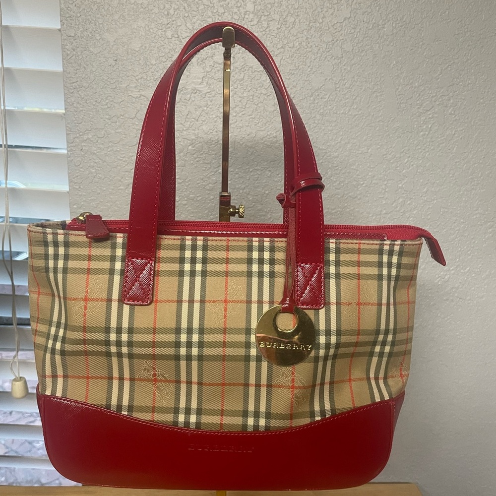Burberry Red and Beige Plaid Tote